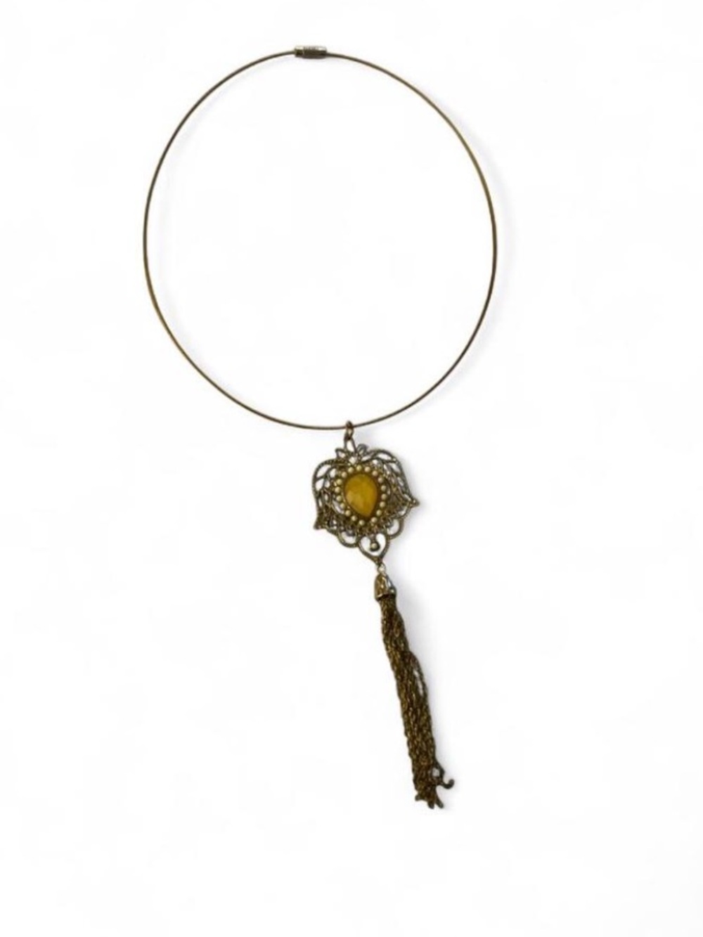 Vintage-Inspired Gold Necklace with Yellow Pendant and Tassel